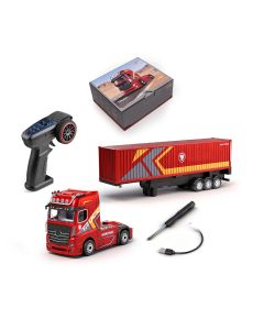1/64 Scale 2.4GHz 4WD RC Container Truck, RTR RC Semi Truck with Proportional Steering, Independent Trailer Control, 3 Speed Gears, Cruise Function, Lifting Support Legs, Light & Sound Effects
